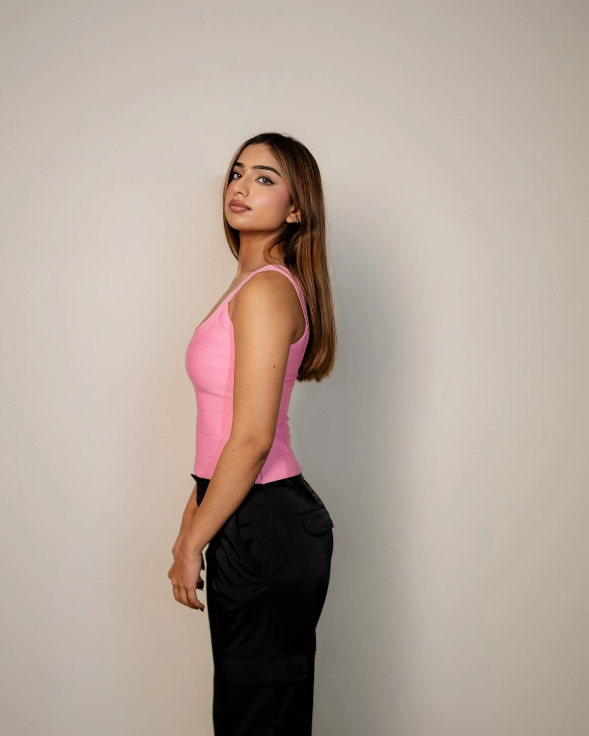 Regina pink bandage crop top by Casual Threat close up bandage fabric detail