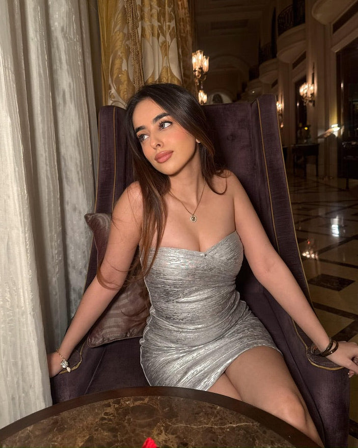 Saiesha Gogia Influencer in Paris Silver Bandage Dress by Casual Threat