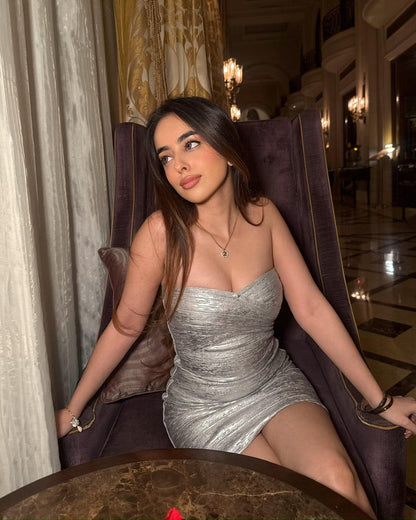 Saiesha Gogia Influencer in Paris Silver Bandage Dress by Casual Threat