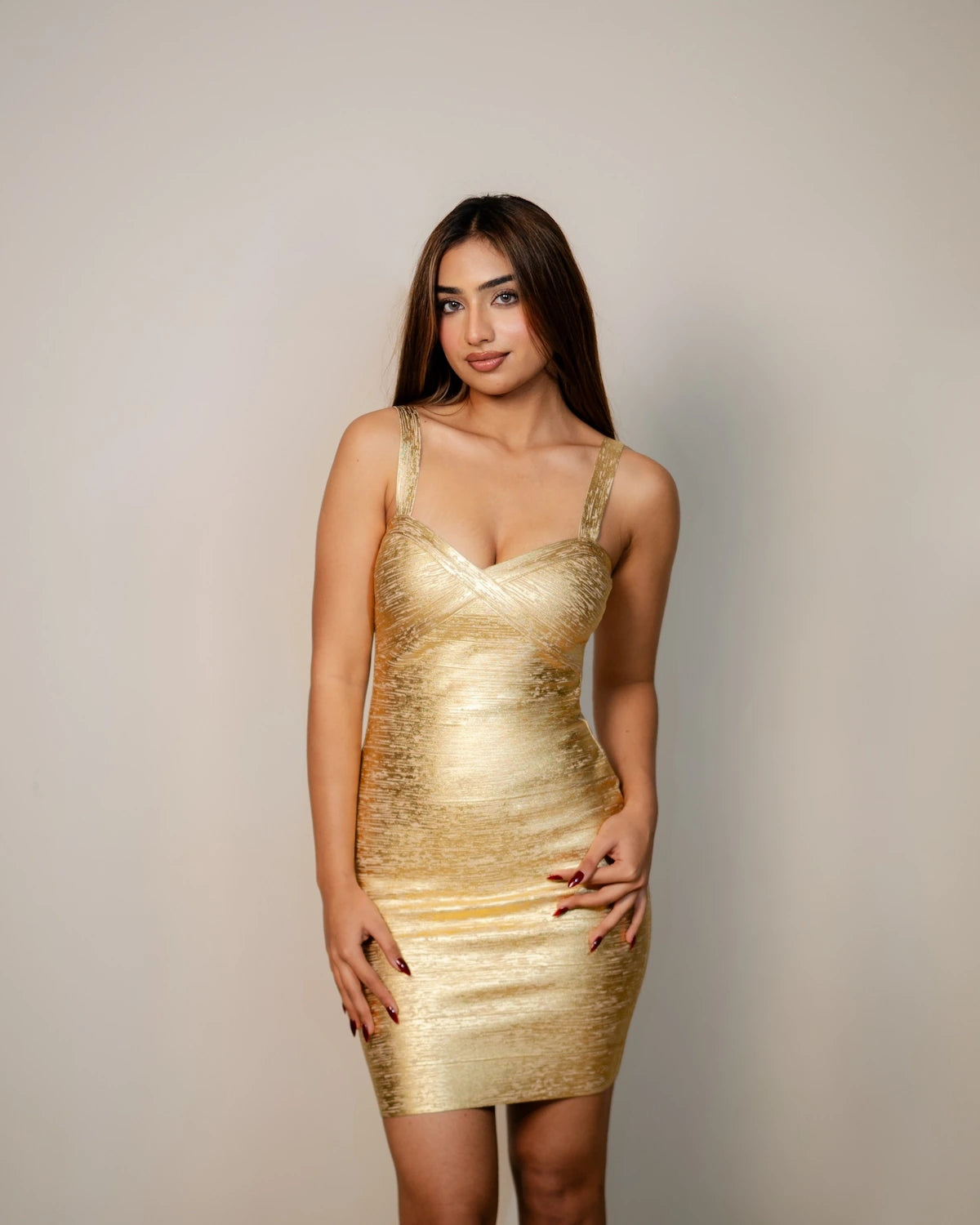 Casual Threat Naomi gold metallic bandage dress body contour silhouette