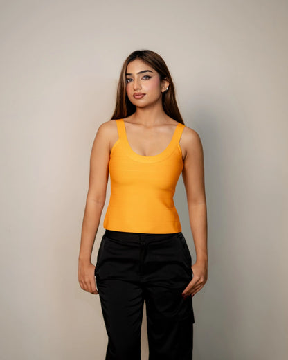 Cindy orange sculpting bandage top luxury fitted top by Casual Threat
