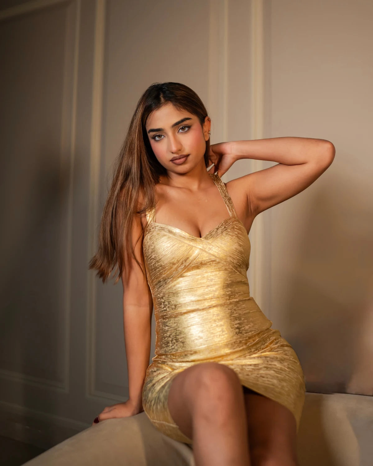 Naomi gold metallic sculpting bandage dress luxury fitted dress by Casual Threat