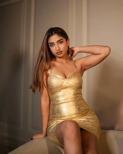 Naomi gold metallic sculpting bandage dress luxury fitted dress by Casual Threat