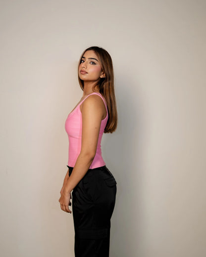 Regina pink bandage crop top by Casual Threat close up bandage fabric detail