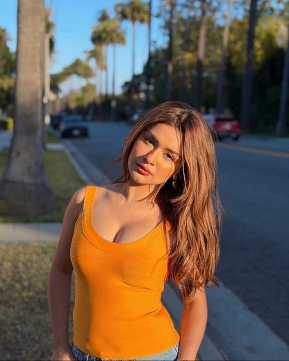 influencer and actress avneet kaur in Cindy orange bandage crop top by Casual Threat close up bandage texture